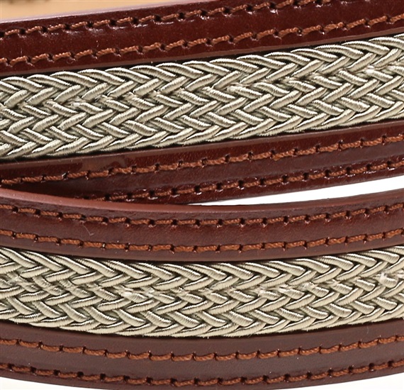Brown leather belt with beige braided