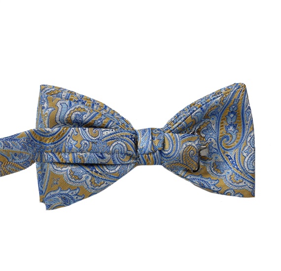 Yellow bow tie with blue paisley reverse