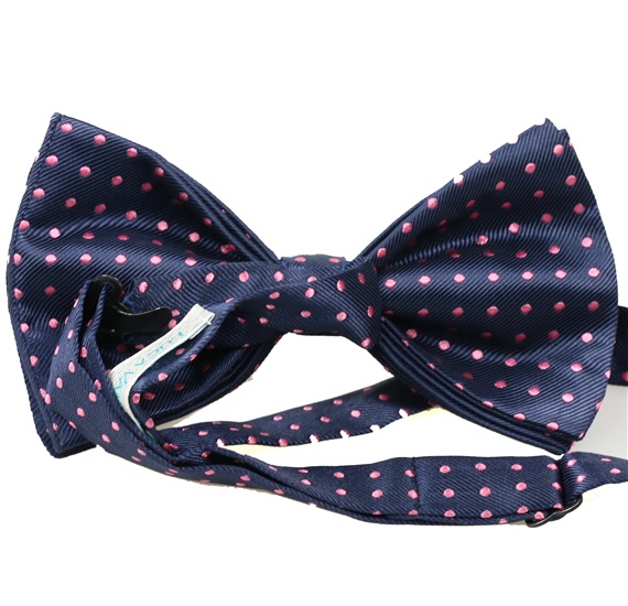 Blue bow tie with fuchsia dots reverse