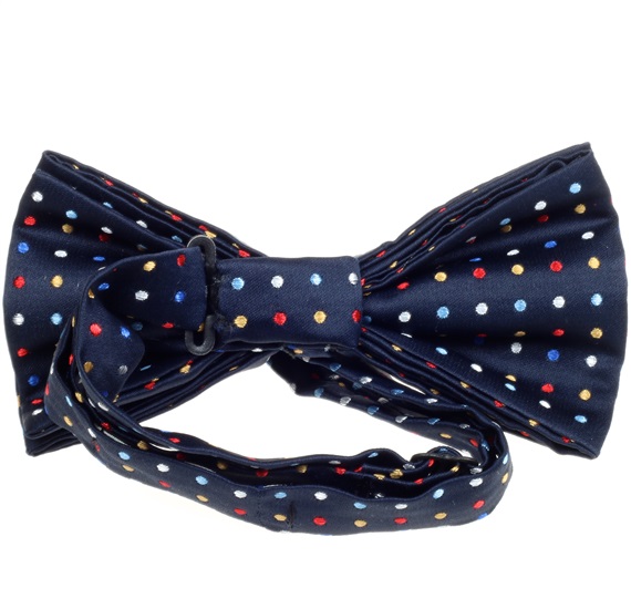 Blue bow tie with multicolor dots reverse
