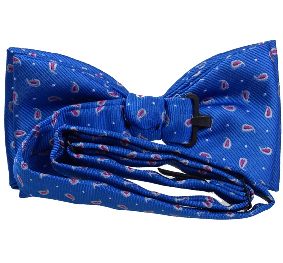 Royal blue bow tie with fuchsia paisley reverse