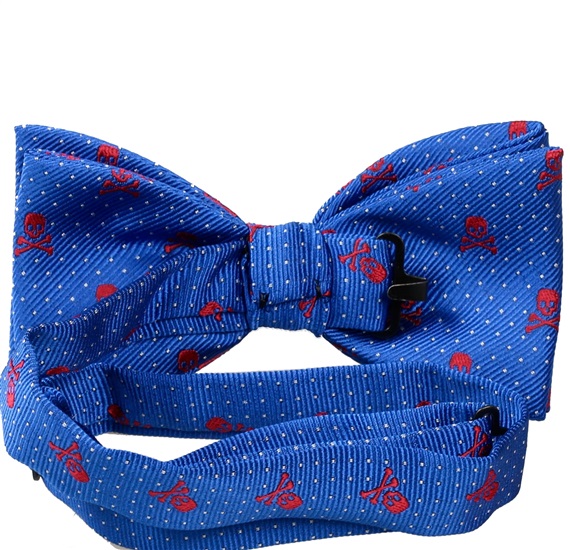 Royal blue bow tie with red skulls reverse