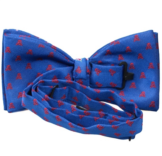 Royal blue bow tie with red skulls reverse