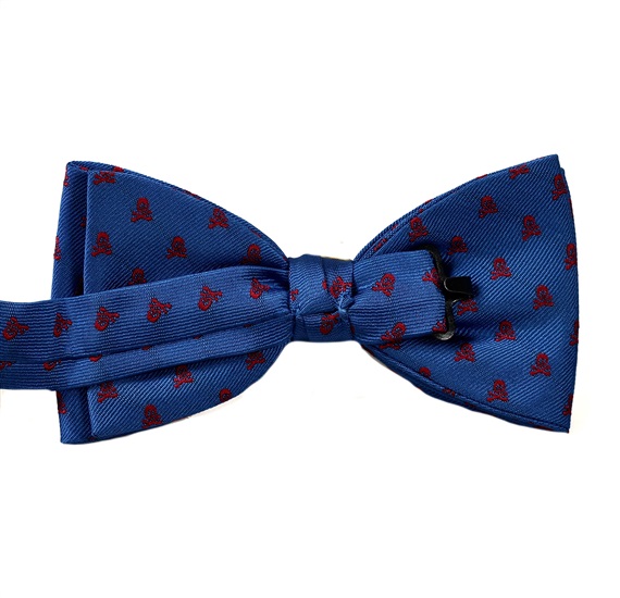 Royal blue bow tie with red skulls reverse