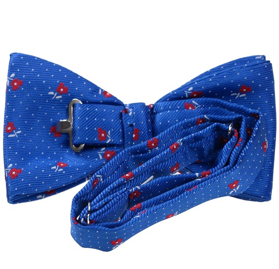 Royal blue bow tie with red roses reverse