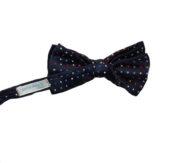 Reverse dark blue bow tie with multicolor dots