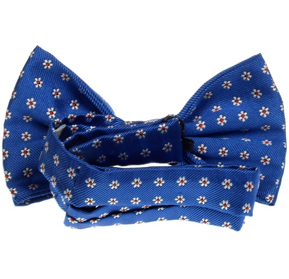 Royal blue silk bow tie with daisies reverse