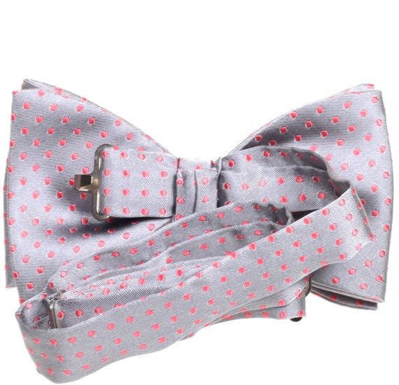Grey silk bow tie with pink dots reverse