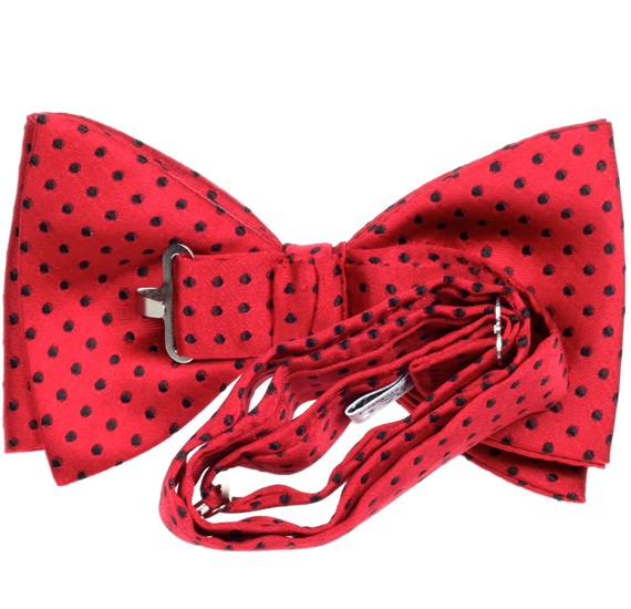 Red silk bow tie with black dots reverse