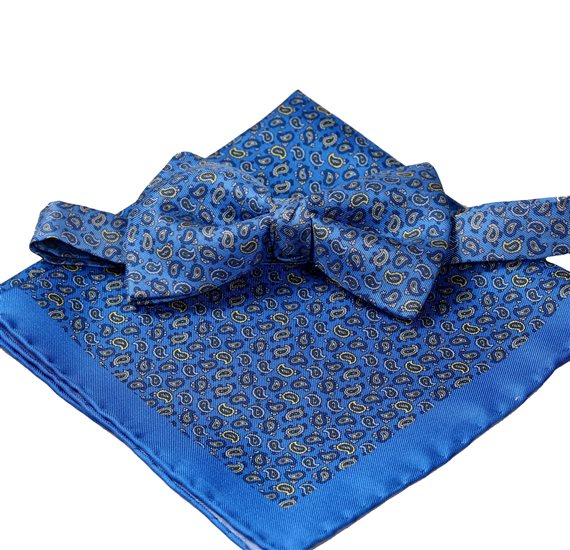 Royal blue silk bow tie and pocket square with blue Paisley