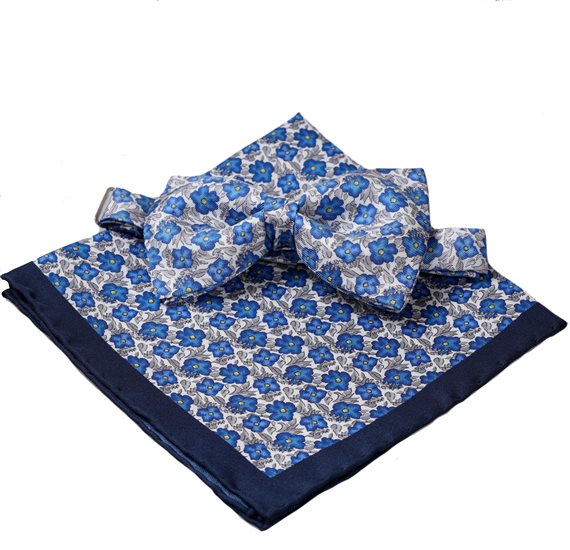 Silk Bow Tie and Pocket Square with Blue and Grey Flowers