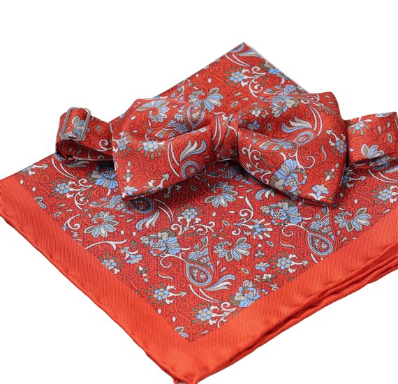 Dark Orange Silk Bow Tie and Pocket Square with Paisley