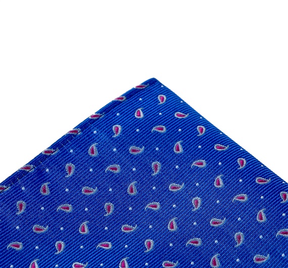 Royal blue pocket square with fuchsia paisley