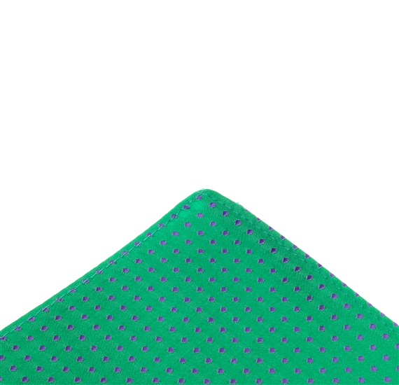 Green silk pocket square with purple dots