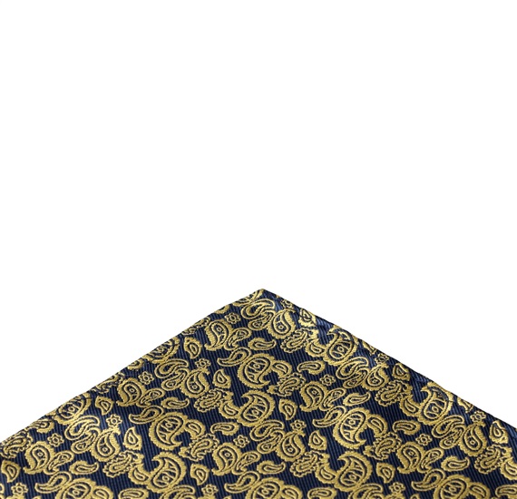 Blue pocket square with gold paisley