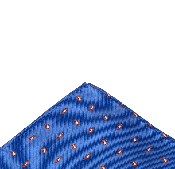 Royal blue pocket square with brown paisley