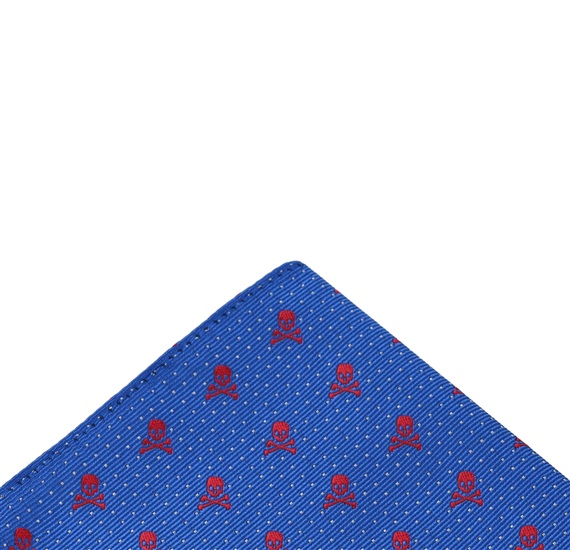 Royal blue pocket square with red skulls