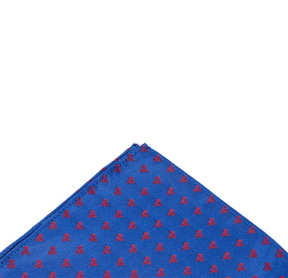 Royal blue pocket square with red skulls