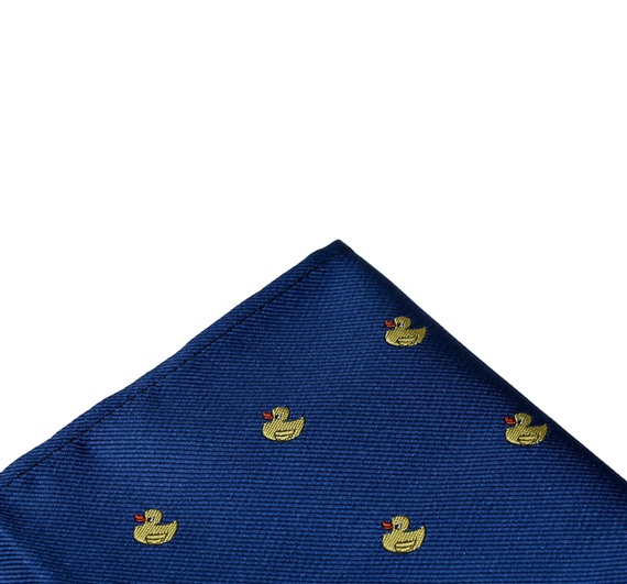 Royal blue pocket square with yellow ducks