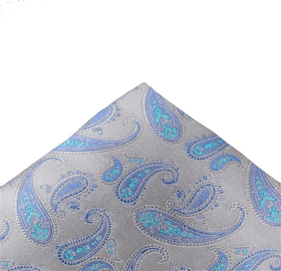 Grey pocket square with blue paisley