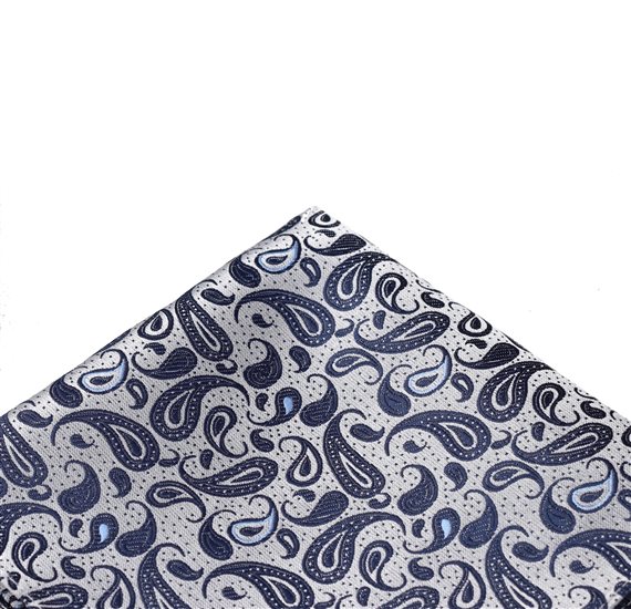 Grey pocket square with blue paisley