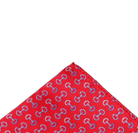 Red pocket square with blue designs riding