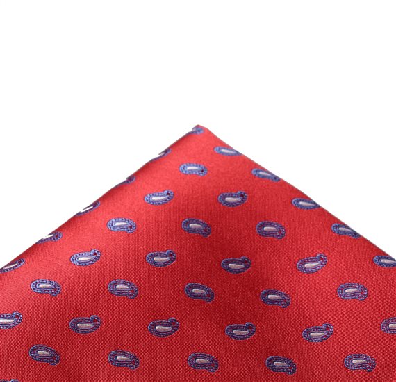 Red silk pocket square with royal blue paisley