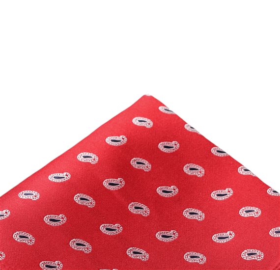 Red silk pocket square with white and blue paisley