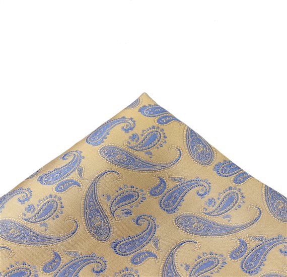 Ocher silk pocket square with blue paisley