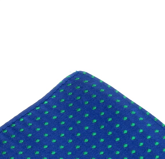 Royal blue silk pocket square with green dots
