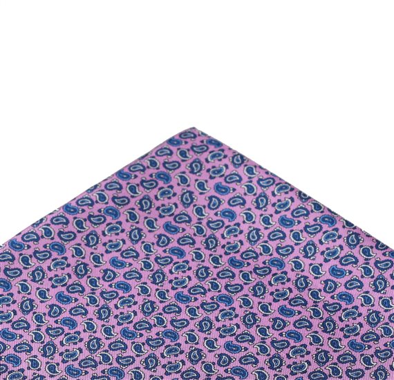 Pink pocket square with blue Paisley