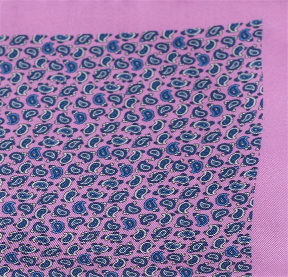 Pink pocket square with blue Paisley