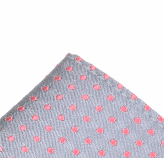 Grey silk pocket square with pink dots