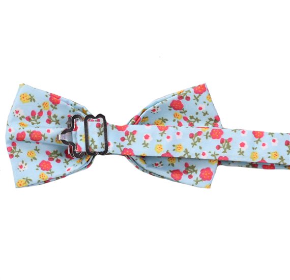 Reverse sky blue bow tie with red and yellow flowers