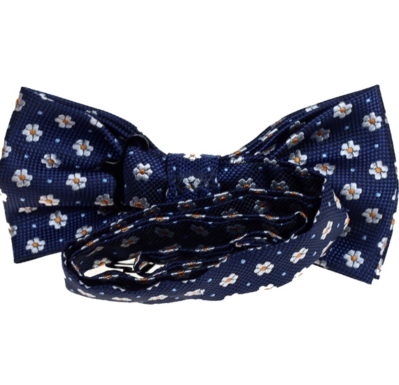 Blue bow tie reverse with white daisies