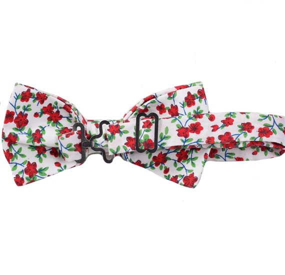 Reverse white bow tie with red flowers