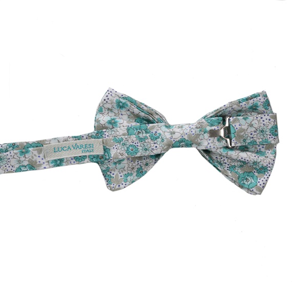 Reverse white bow tie with turquoise flowers