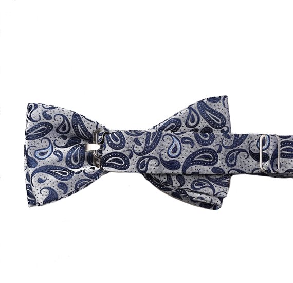 Grey bow tie with blue paisley reverse