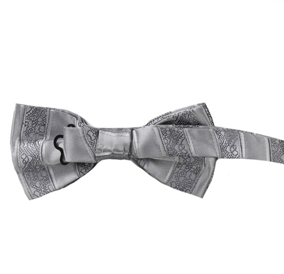 Reverse pearl grey bow tie with brocade stripes