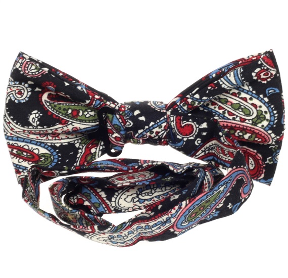 Black bow tie reverse with garnet, white and blue paisley