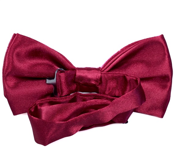 Reverse burgundy satin bow tie