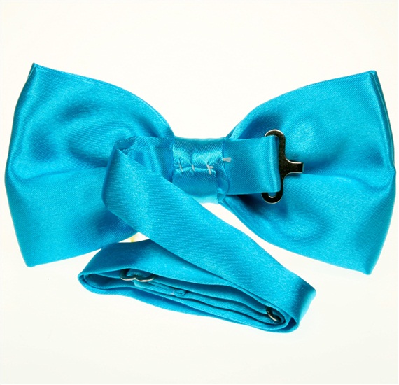 Reverse turquoise satin bow tie