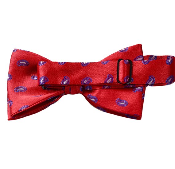 Red bow tie with royal blue paisley reverse