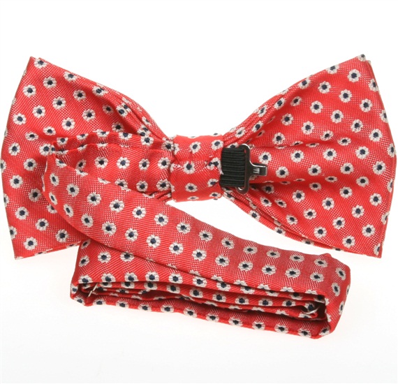Coral red bow tie with reverse with daisies