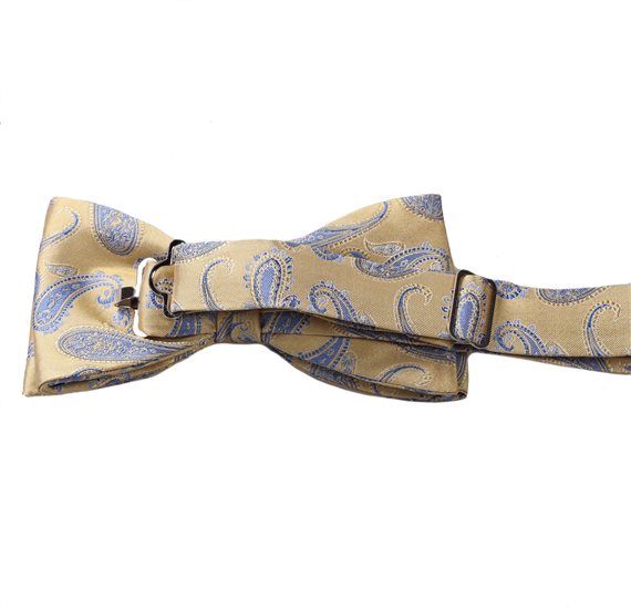 Ocher silk bow tie with blue paisley reverse