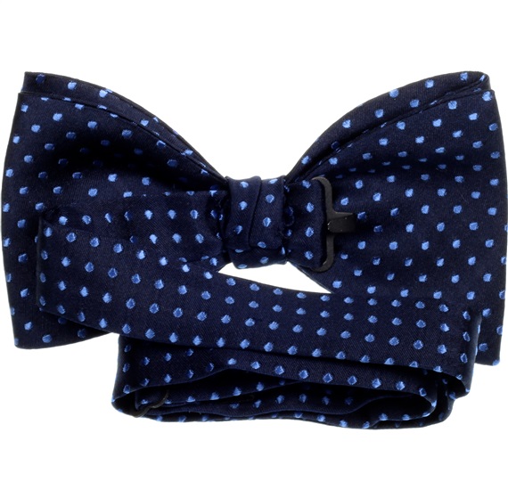 Deep blue silk bow tie with dots reverse