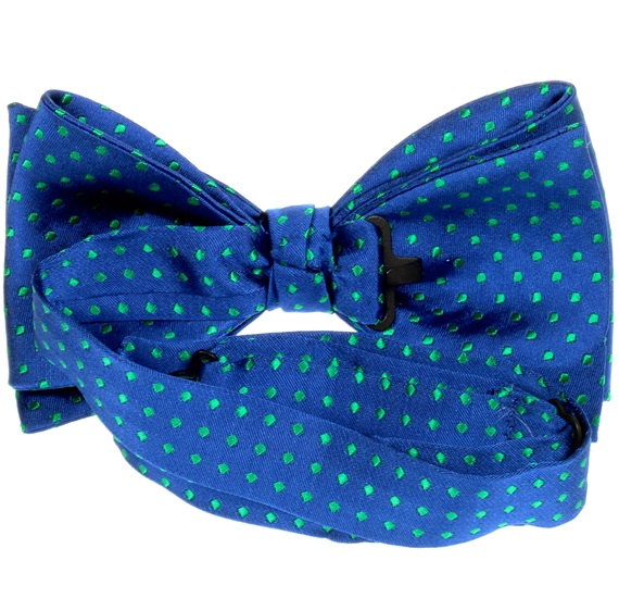 Royal blue silk bow tie with green dots reverse