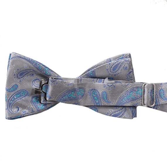 Grey bow tie with blue paisley reverse