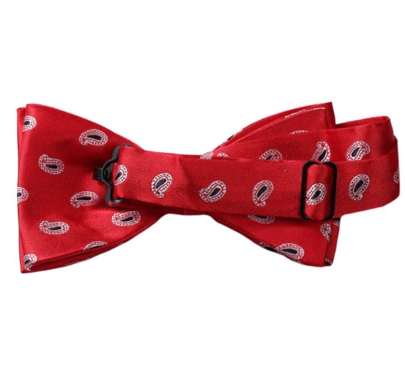 Red silk bow tie with white and blue paisley reverse