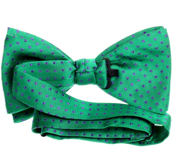 Green silk bow tie with purple dots reverse